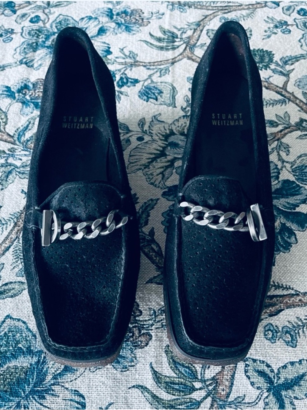 Stuart Weitzman Luckperf Black Suede Sport Loafer Wedge with Silver Chain Accent
